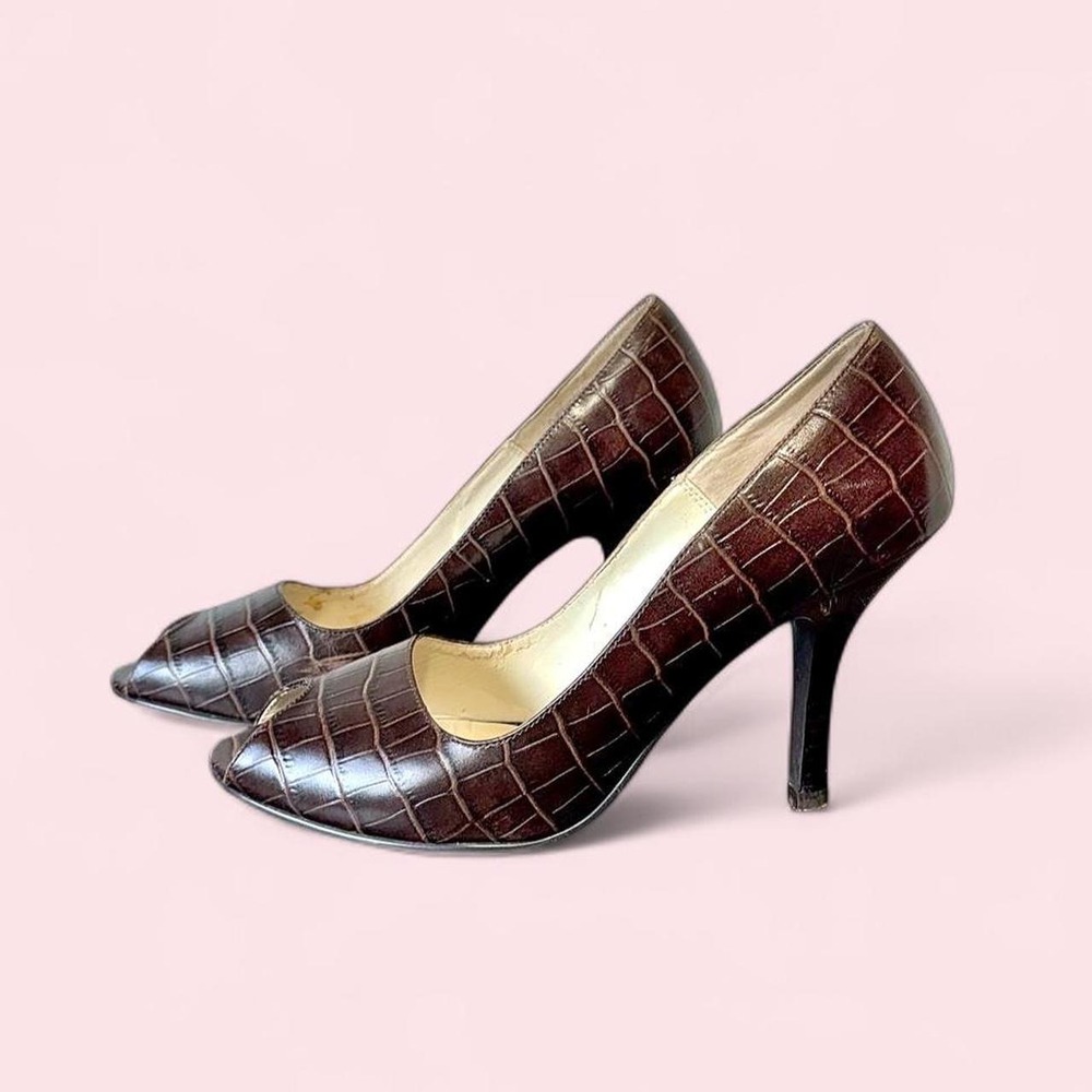 Nine‎ West Brown Croc Embossed Peep Toe Heels 🤎